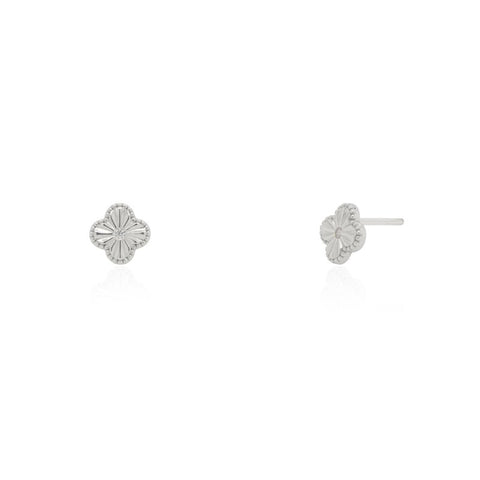 Pair of silver clover earrings on a white background