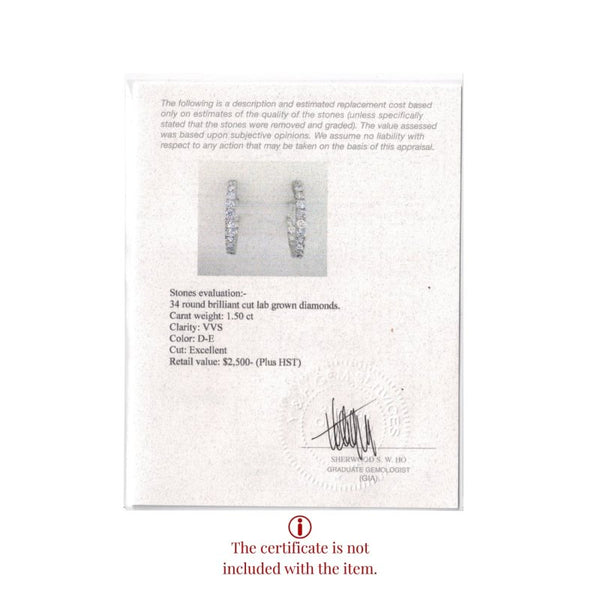 Jewelry certificate with diamond earrings and text on a white background