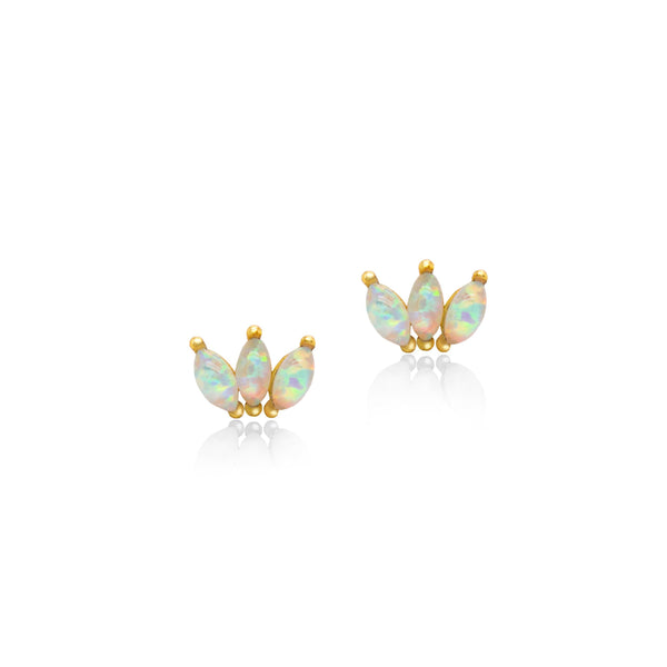 Pair of opal earrings with gold accents on a white background