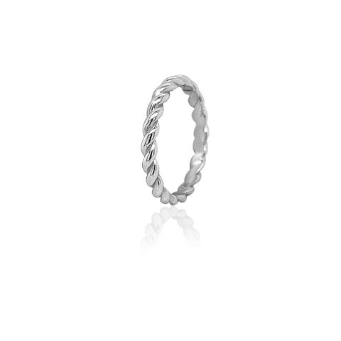 Silver ring with a twisted design on a white background