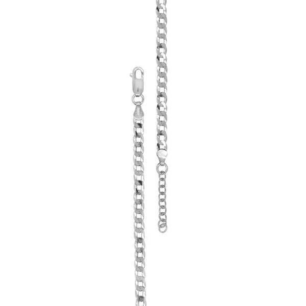 A close-up studio shot of a silver-toned chain necklace, showing a lobster clasp and a box chain link design against a plain white background.