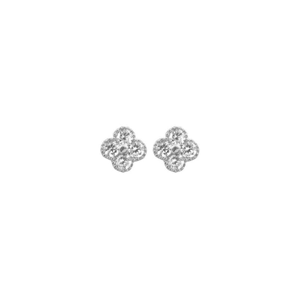 Pair of silver clover-shaped earrings on a white background