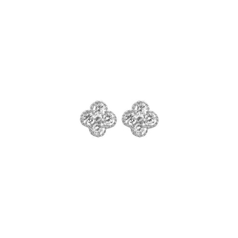 Pair of silver clover-shaped earrings on a white background