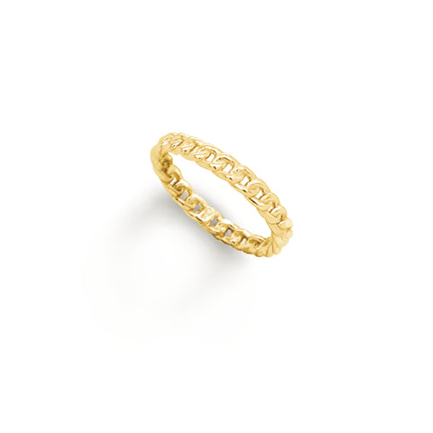 Gold ring with a chain-like pattern on a white background
