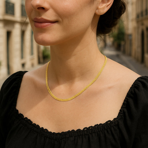 Helen Necklace // 14kt Gold Vermeil worn on woman in Europe