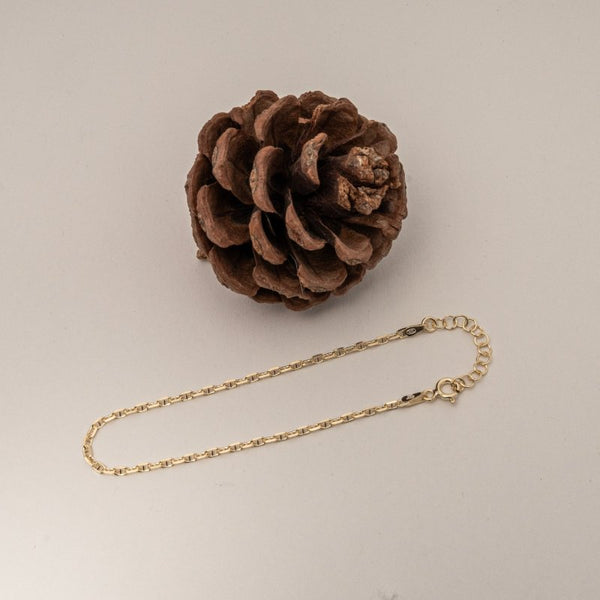 Gold chain necklace on a light gray background with a pine cone.