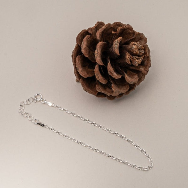 Silver chain necklace with a pine cone on a beige background