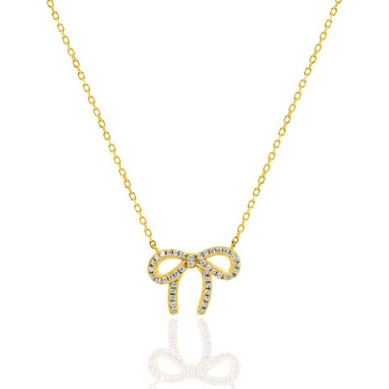 Gold bow-shaped necklace with diamonds on a white background