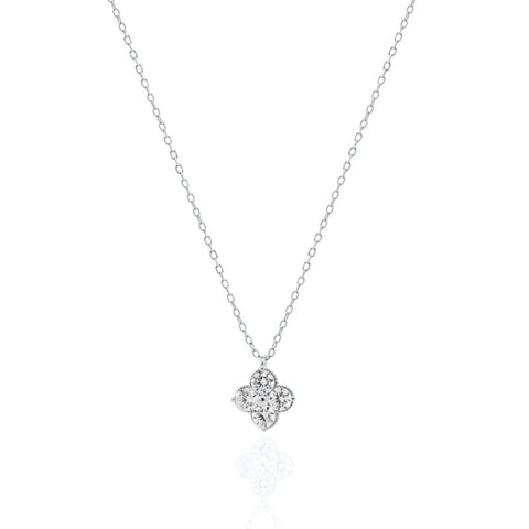 Silver necklace with a clover-shaped pendant on a white background