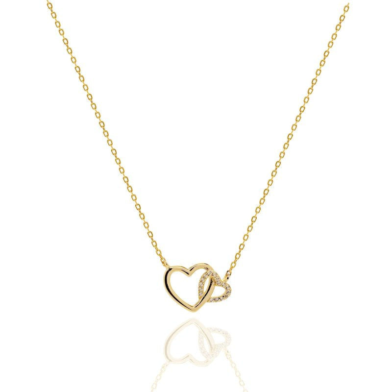 Gold necklace with a heart-shaped pendant on a white background