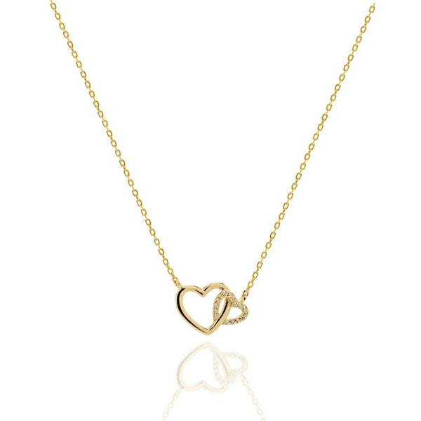 Gold necklace with a heart-shaped pendant on a white background