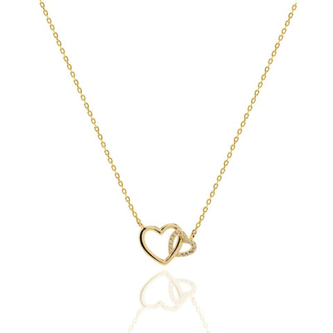 Gold necklace with a heart-shaped pendant on a white background