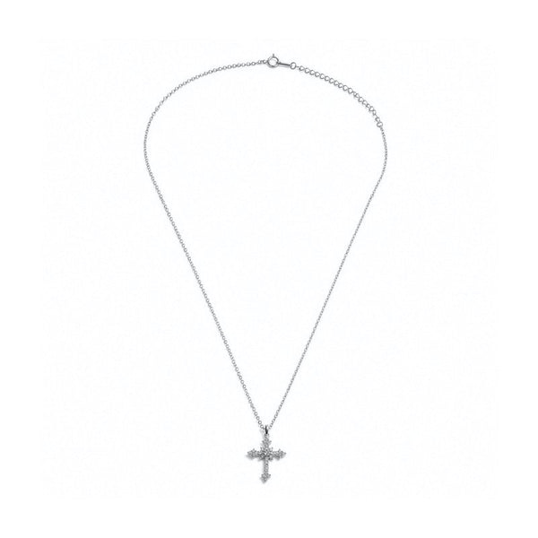 A silver cross pendant necklace with a delicate chain, displayed against a solid white background.