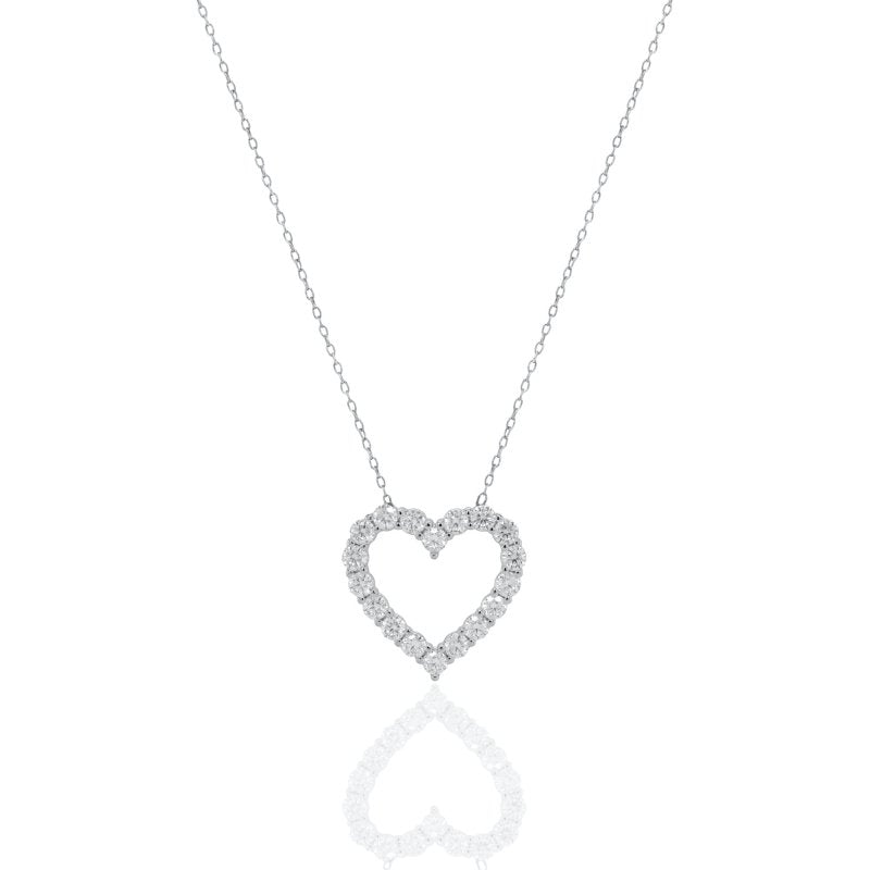 Heart-shaped diamond necklace on a white background