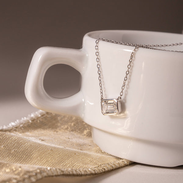 Gabriette Emerald Cut Bezel Necklace // Rhodium Plated Sterling Silver + 1ct Diamond