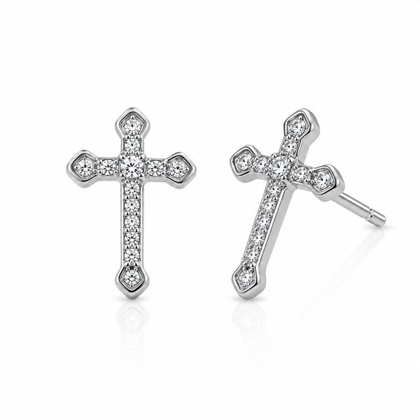 A pair of silver cross stud earrings set with clear round-cut gemstones, shown from both front and side angles on a white background.