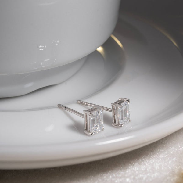 Naomi Emerald Stud Earrings // Rhodium Plated Sterling Silver + 1ct Diamond